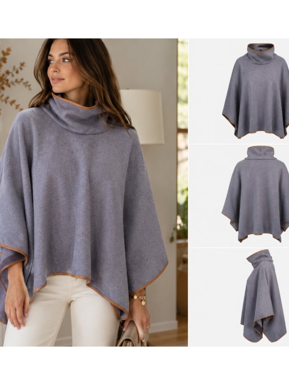 Tuckernuck Slate Gray Leather Trim Funnel Piper Poncho One Size